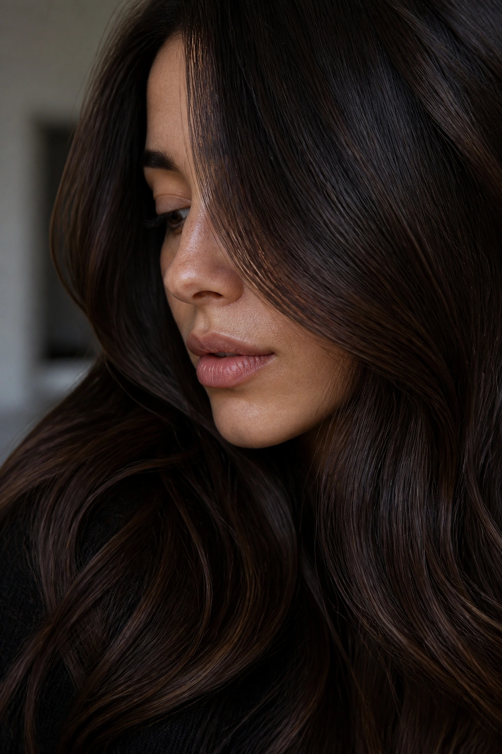 Close-up portrait of a woman with coffee bean brown hair and invisible highlights