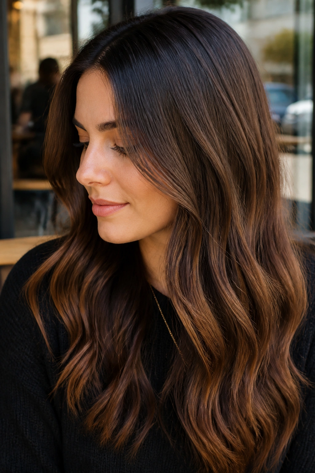 Close-up of brunette with coffee-bean root melt showing subtle gradient from dark roots to warm ends.