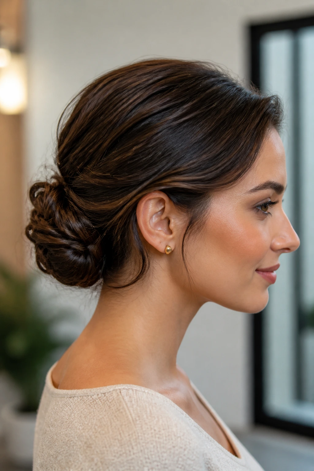 Close-up of Coiled Low Bun for Short Hair on a real woman, compact bun at the nape