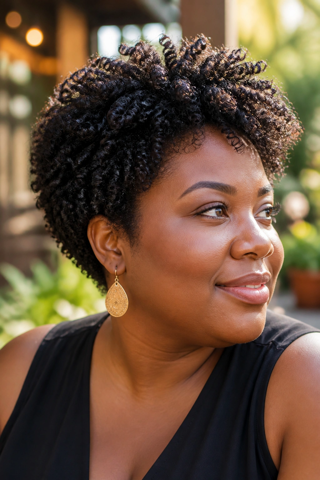 Three-quarter portrait of a real woman with Air-Dried Natural Bixie for Coily Hair
