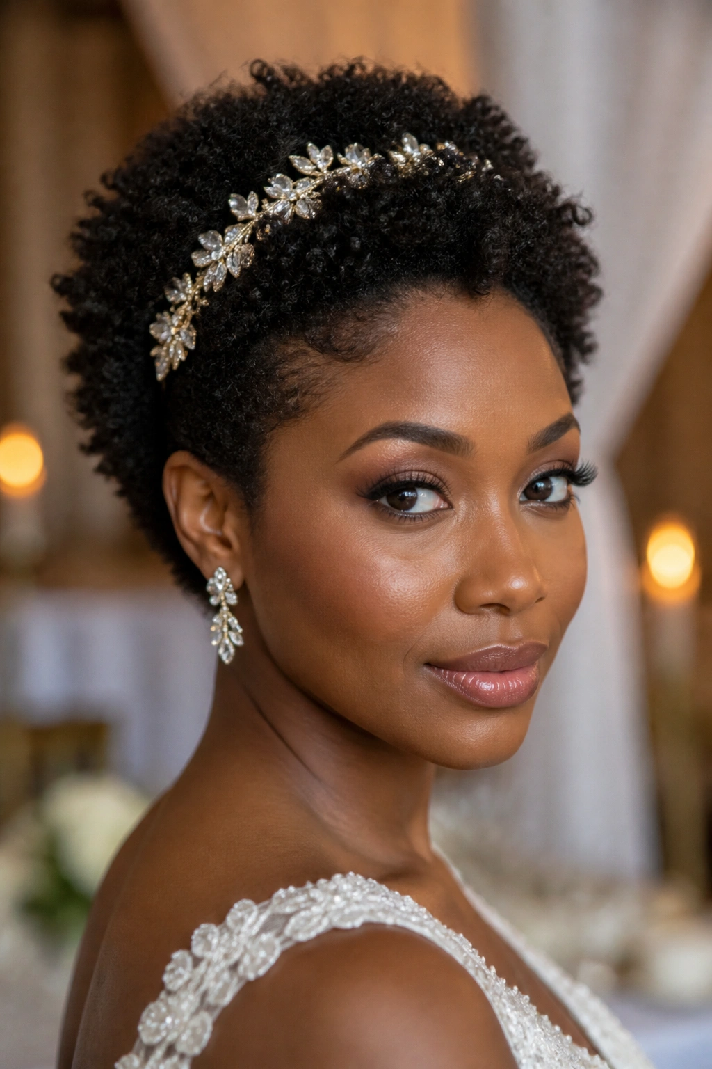 Close-up of a natural coily crop with a jeweled headband