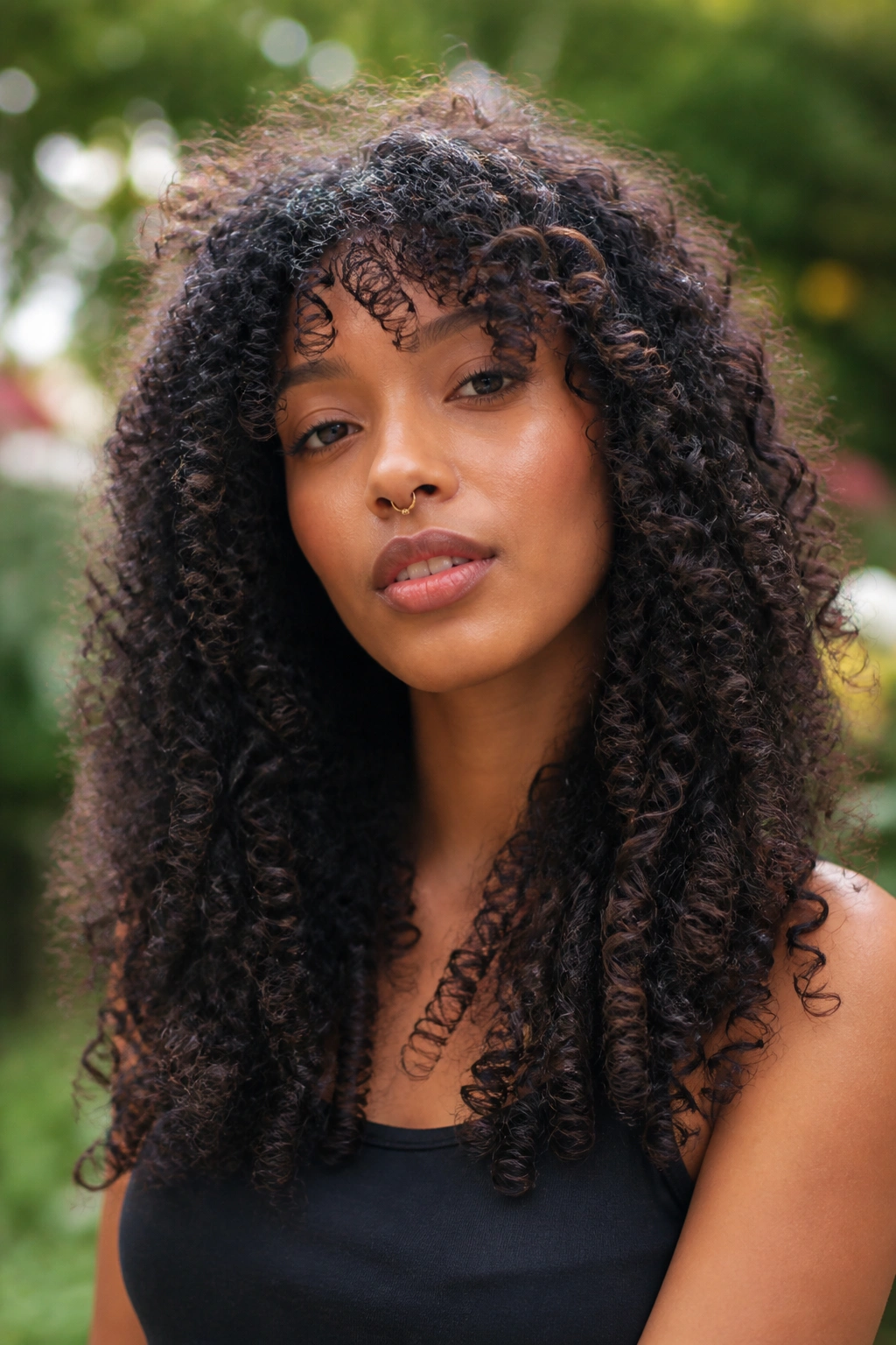 Portrait of real woman with long shag for coily curls showing shrinkage-aware layers.