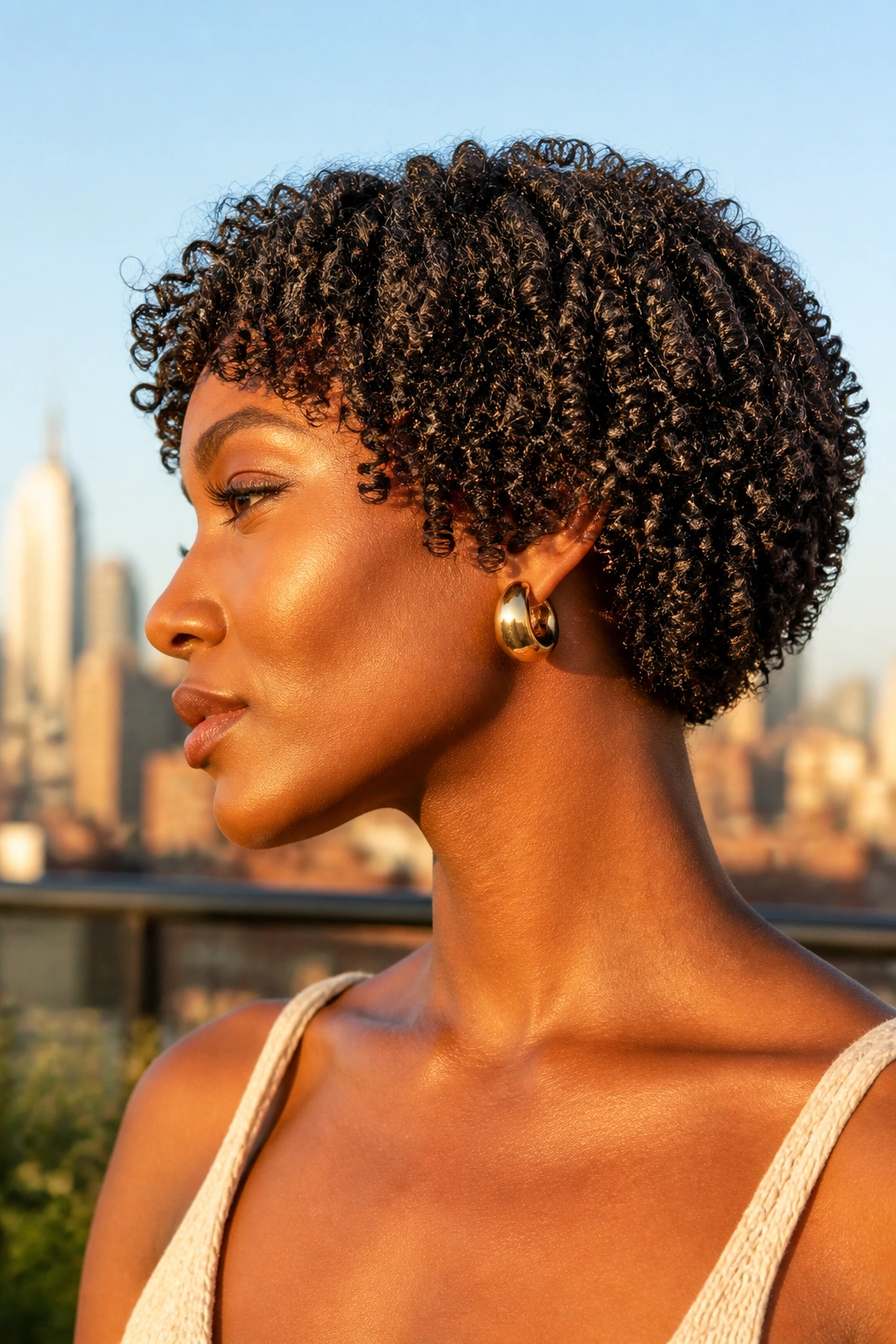 Close-up of a woman with a coily French bob and tight coils.