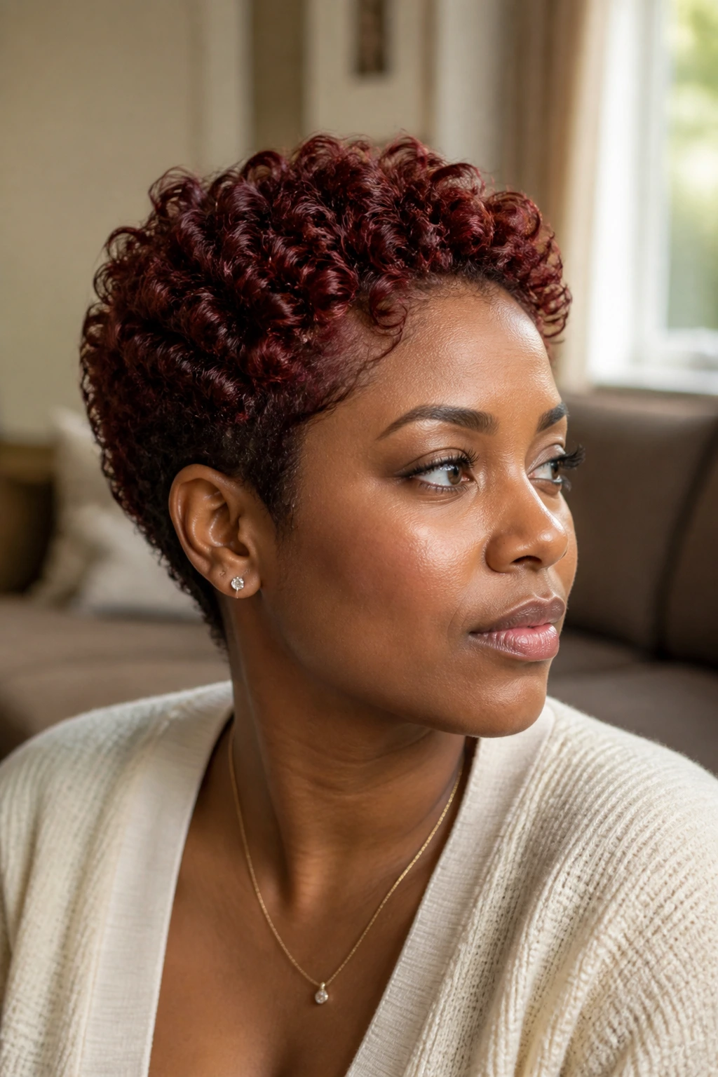 Close-up of a real person with cherry auburn short coily hair, glossy curls.