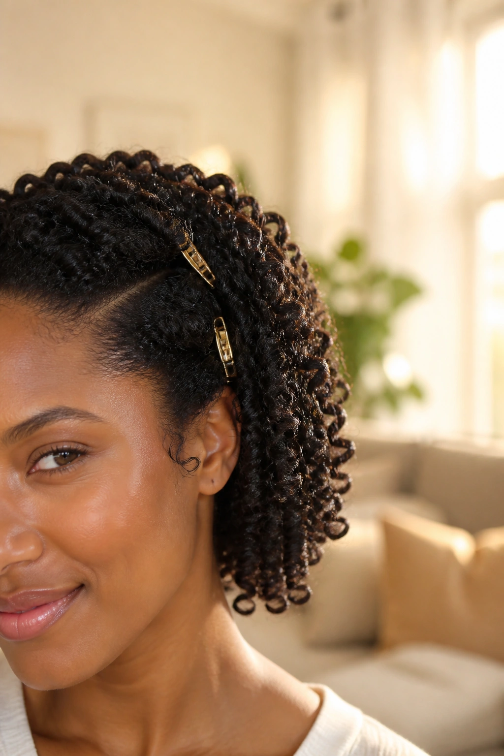 Close-up portrait of a woman with side-swept coily hair and clips