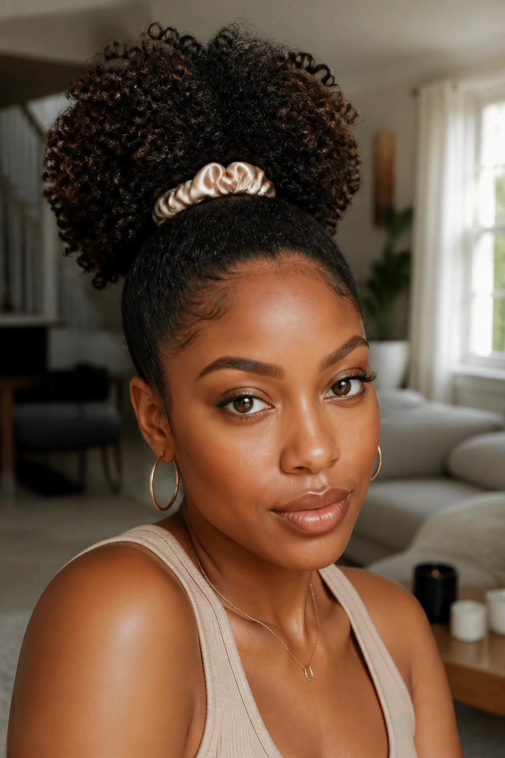 Close-up of a woman with a coily natural-hair high ponytail and satin scrunchie