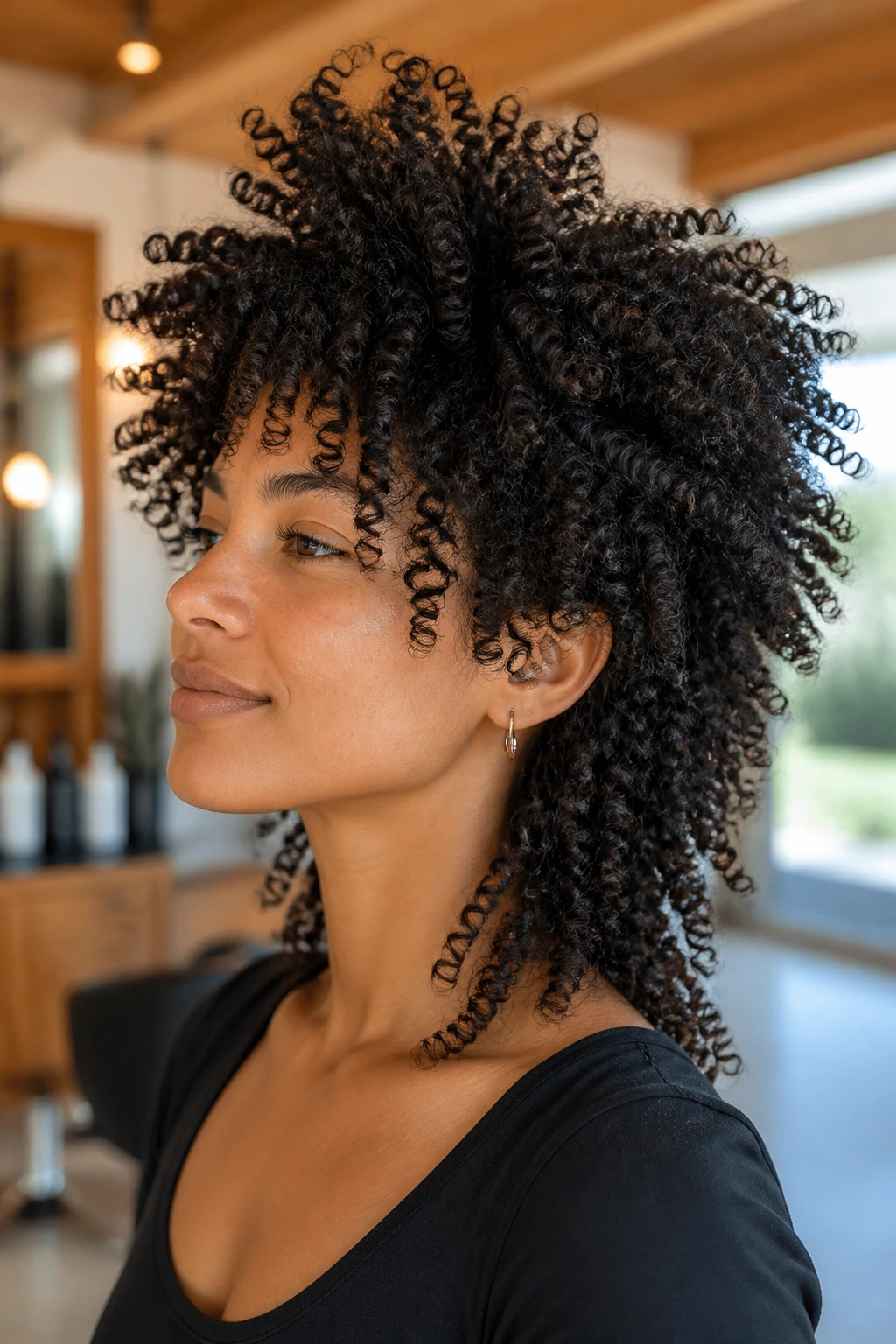 Close-up of a real woman with a coily wolf cut and lifted crown in a salon setting.