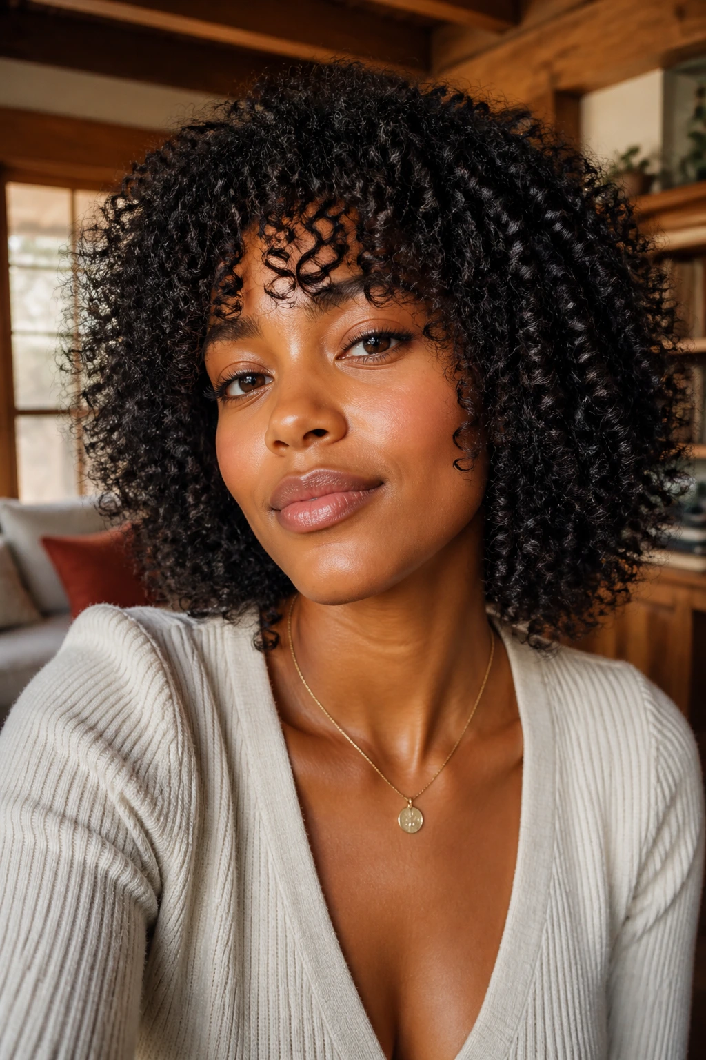 Close-up of a person wearing coily halo bangs forming a circular frame around the face.