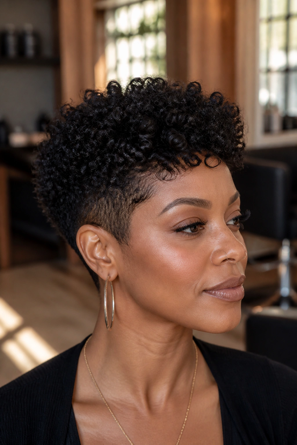 Close-up of real person with coily tapered pixie showing top curls and tapered sides in a sunlit salon
