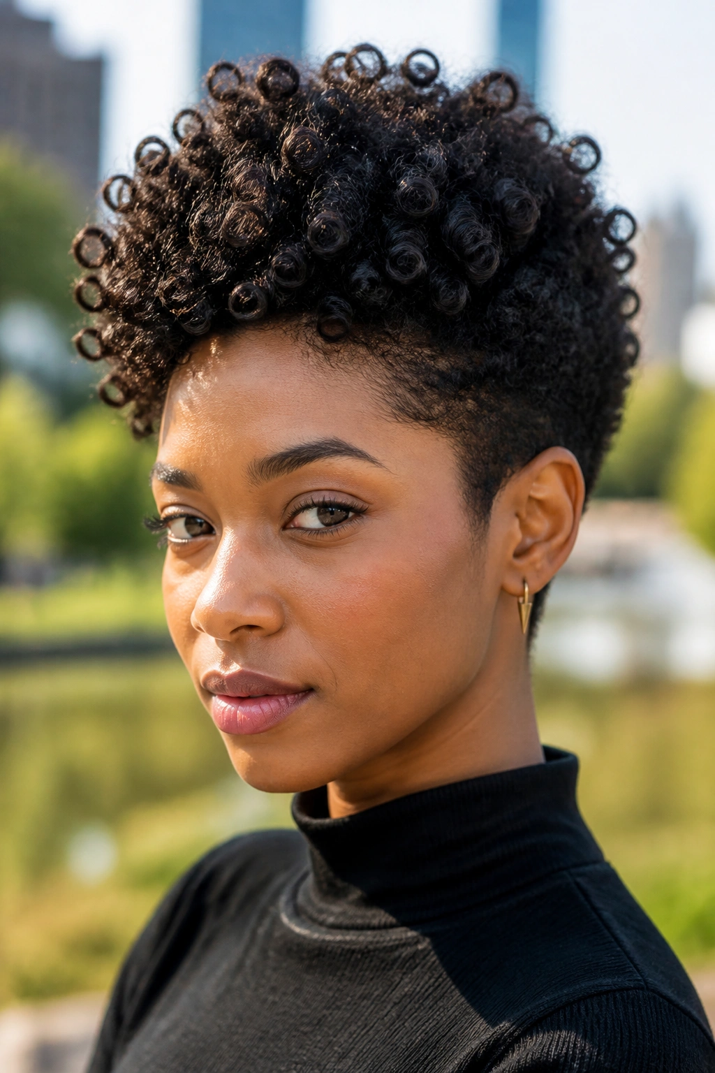 Real person with coily pixie showing an extra-shaped top and defined coils.