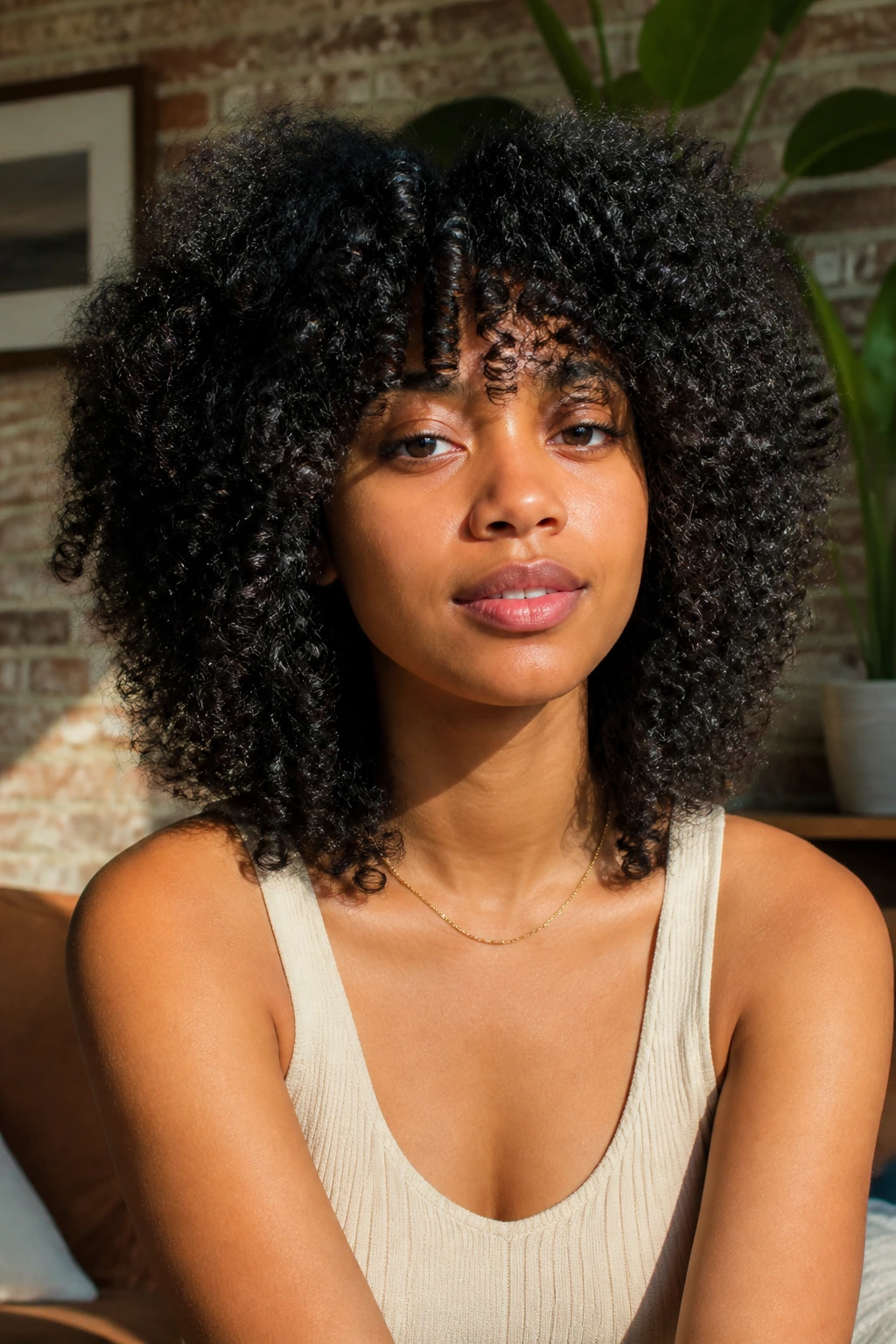 Close-up of a real person with coily hair styled in a natural volume shag.