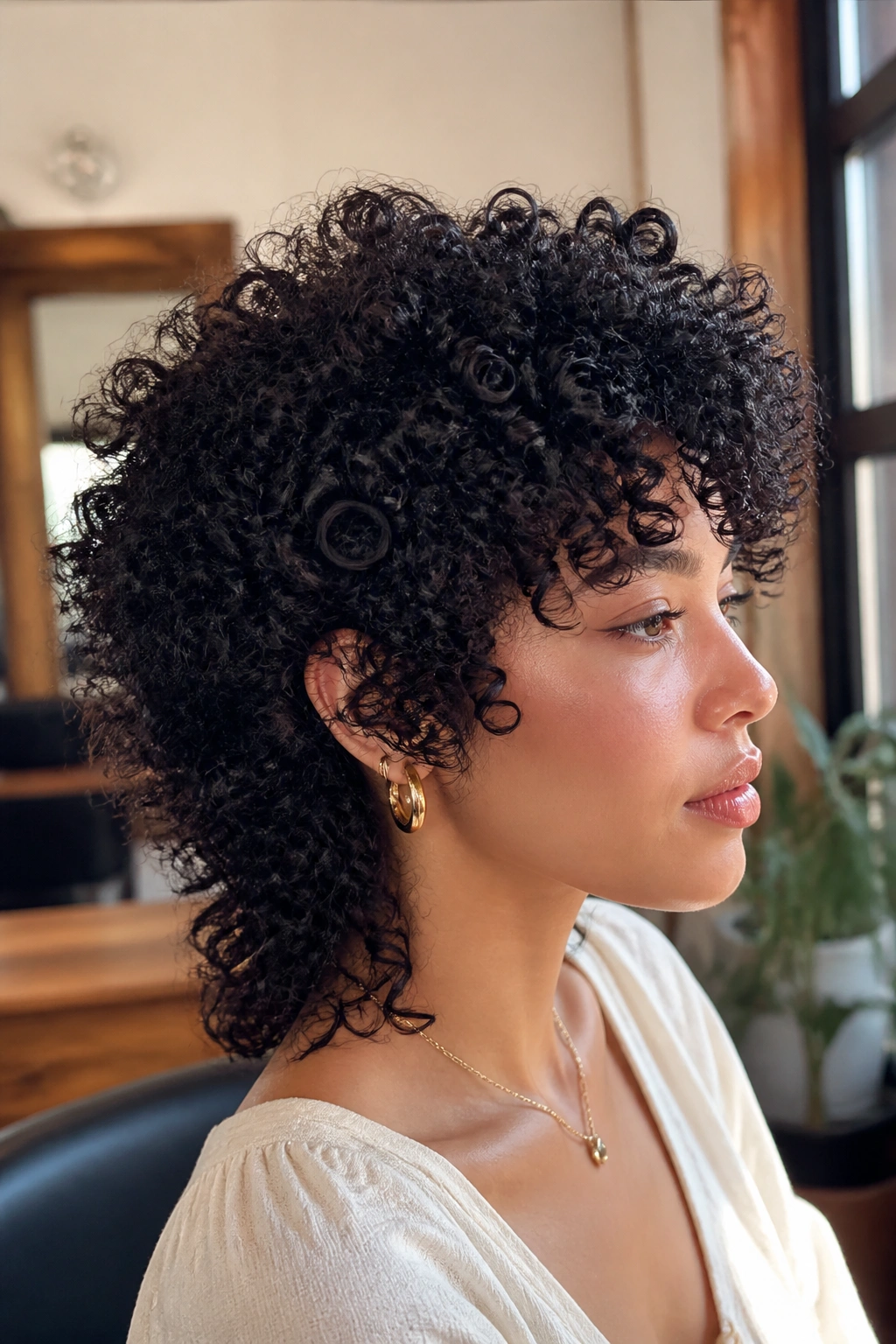 Close-up portrait of a real person with a coily wolf cut featuring longer nape layers