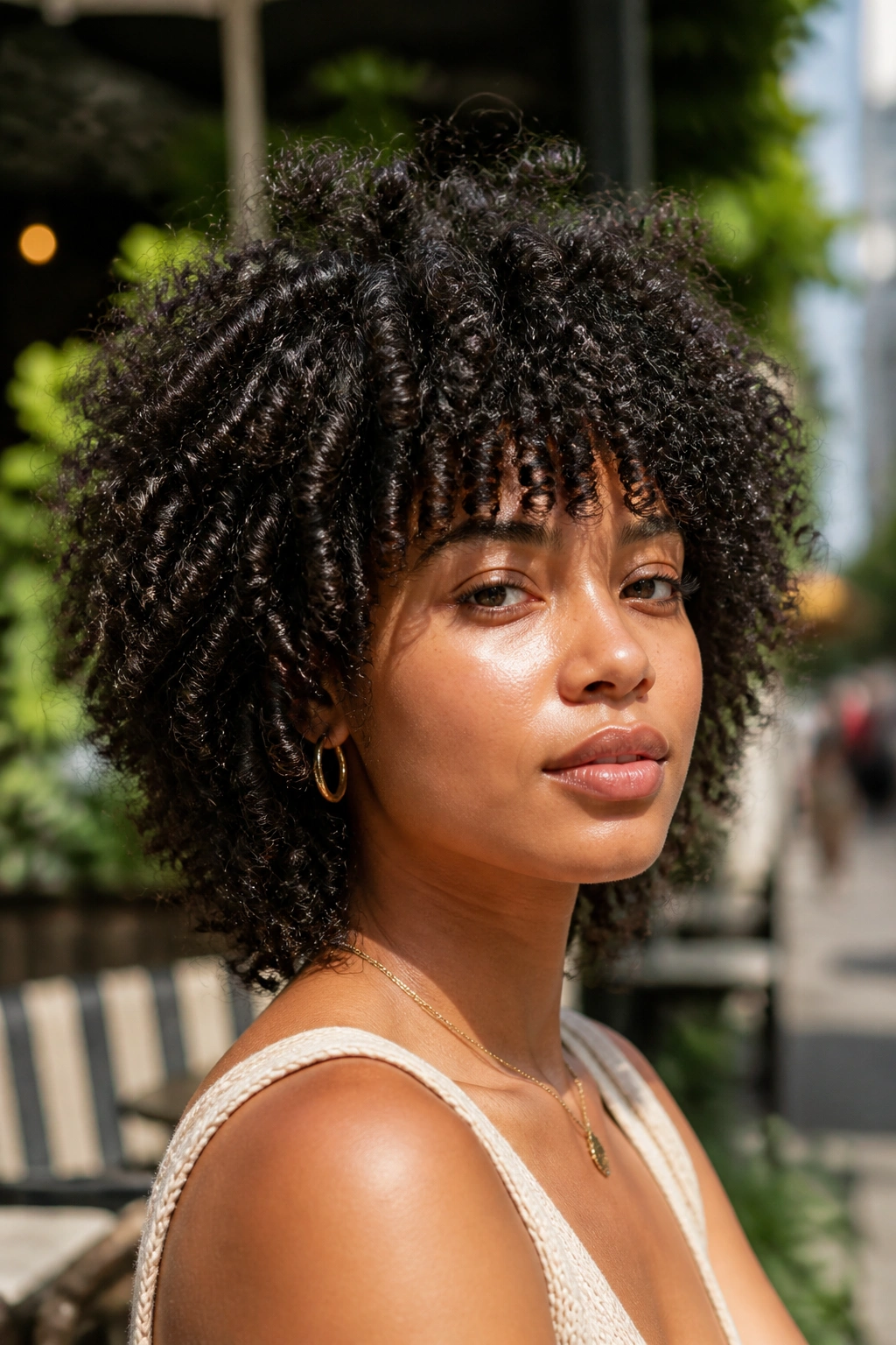 Close-up of a real woman with a coily wolf cut showing rounded silhouette and defined coils