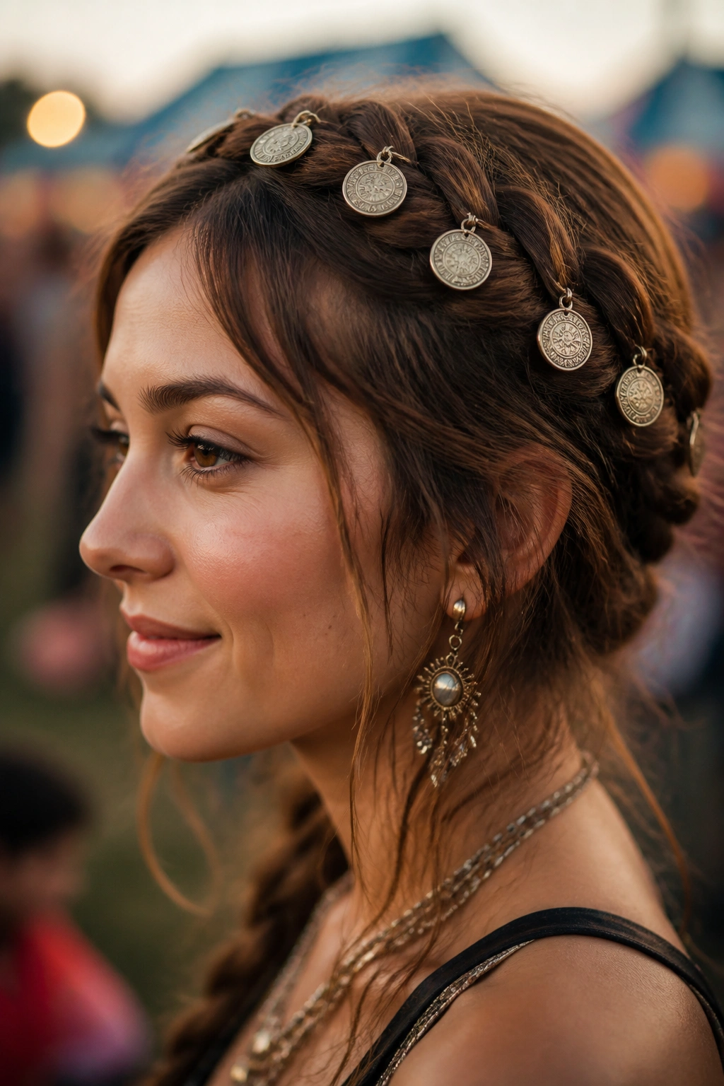 Real person with crown braid featuring coin discs along the braid.