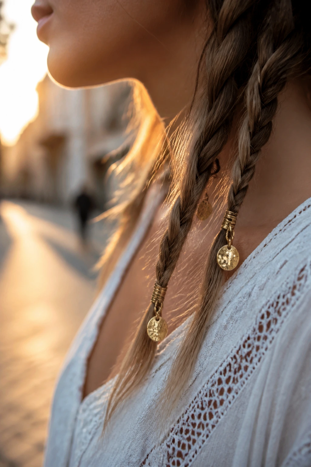 Braid ends with tiny coin pendants on a real person