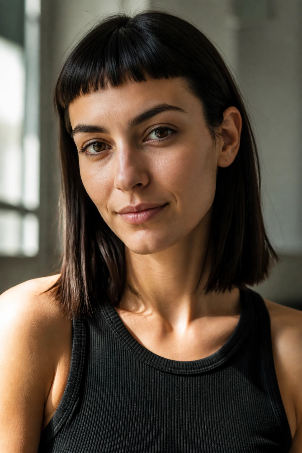 Close-up of blunt collarbone-length haircut with baby bangs