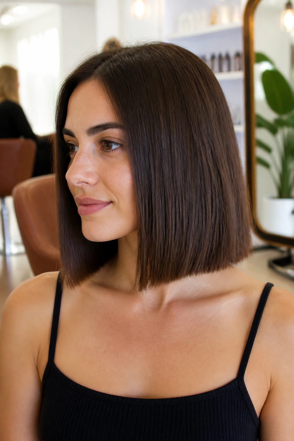 Close-up of a real woman with a collarbone-length blunt cut, crisp straight line at the collarbone