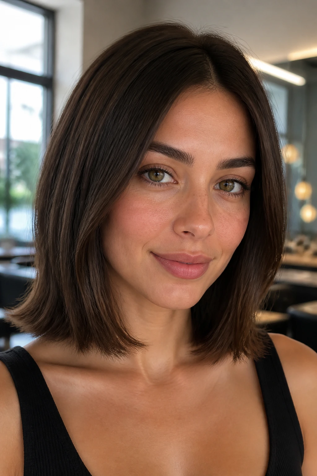 Close-up portrait of a real woman with a collarbone-grazing blunt cut in soft salon light.