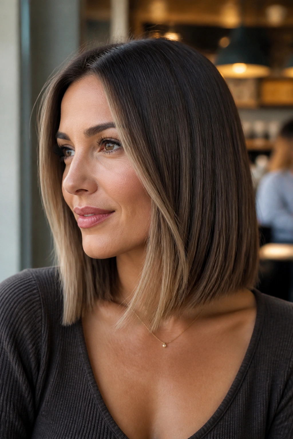Close-up of a real woman with blunt collarbone-length hair and whisper-light blonde pieces in warm cafe light