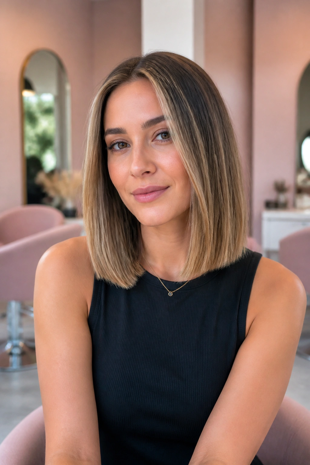 Close-up of real woman with collarbone blunt lob