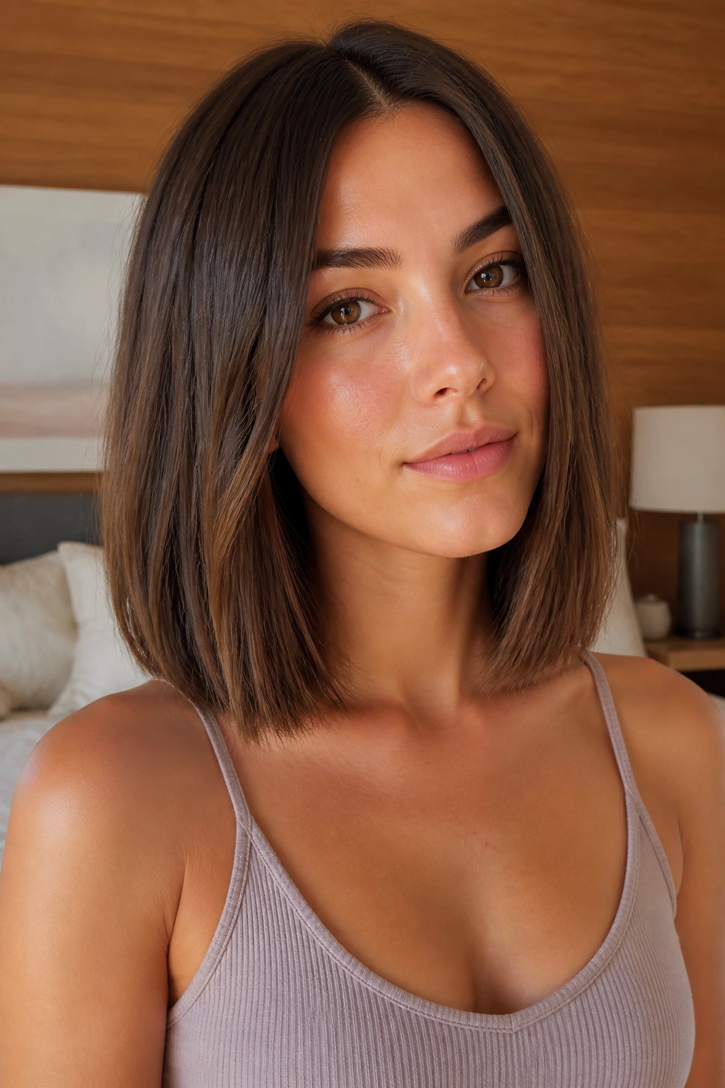 Close-up of a real woman with a collarbone-length blunt lob under natural window light