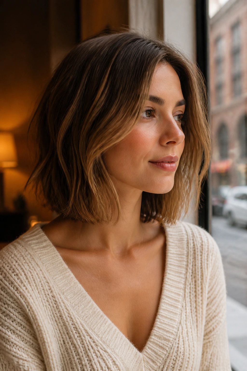 Close-up of collarbone-length bob grazing the collarbone on a real woman