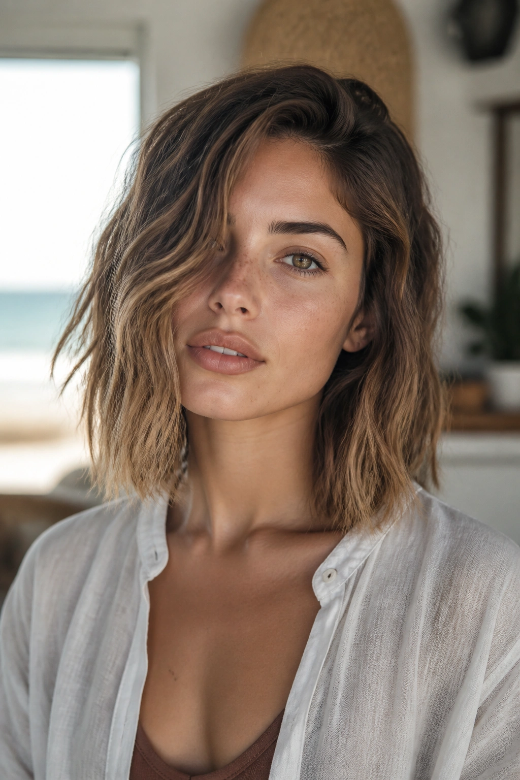 Close-up of real woman with collarbone-length bob and beachy texture.