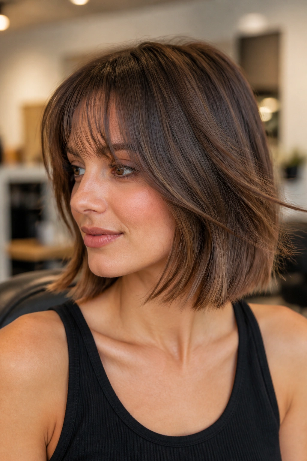 Portrait of a real woman with collarbone-length bob and bottleneck fringe in warm light