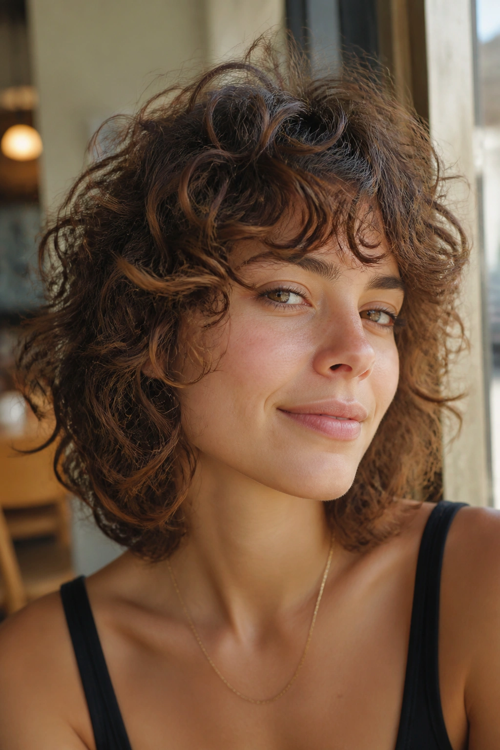 Close-up of real woman with collarbone-length curly shag bob