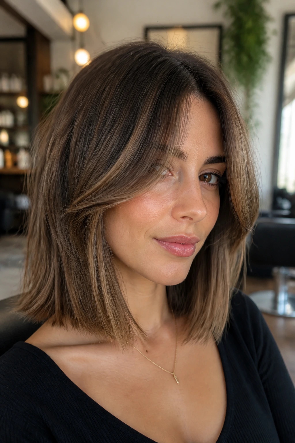 Close-up of a real woman with a collarbone-length bob and curtain bangs in a warm salon setting.