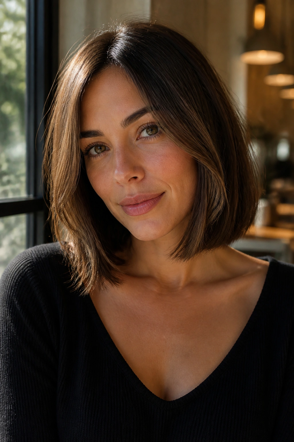 Portrait of woman with collarbone-length bob and soft face-framing pieces in warm light.