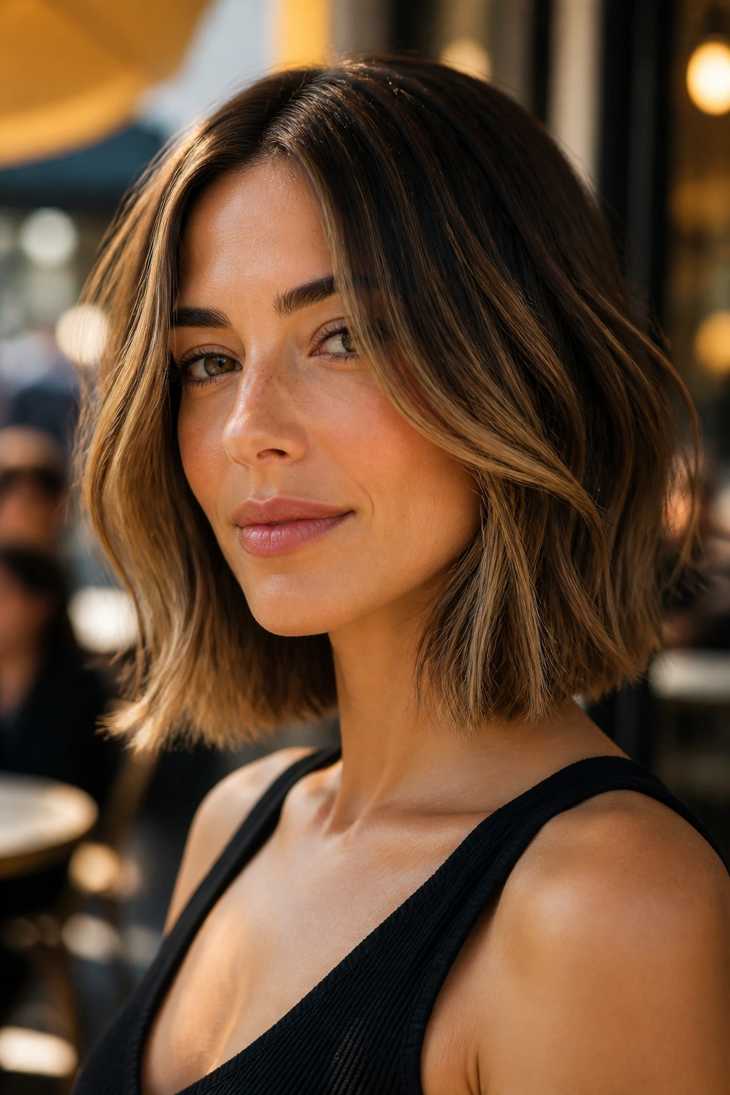 Portrait of a real person with collarbone-length bob and face-framing pieces.