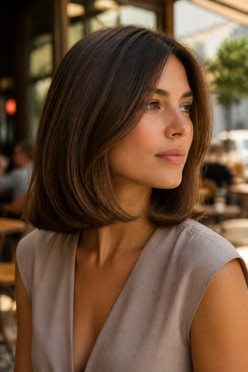Close-up of a real woman wearing a collarbone-length Italian bob with flipped-under ends