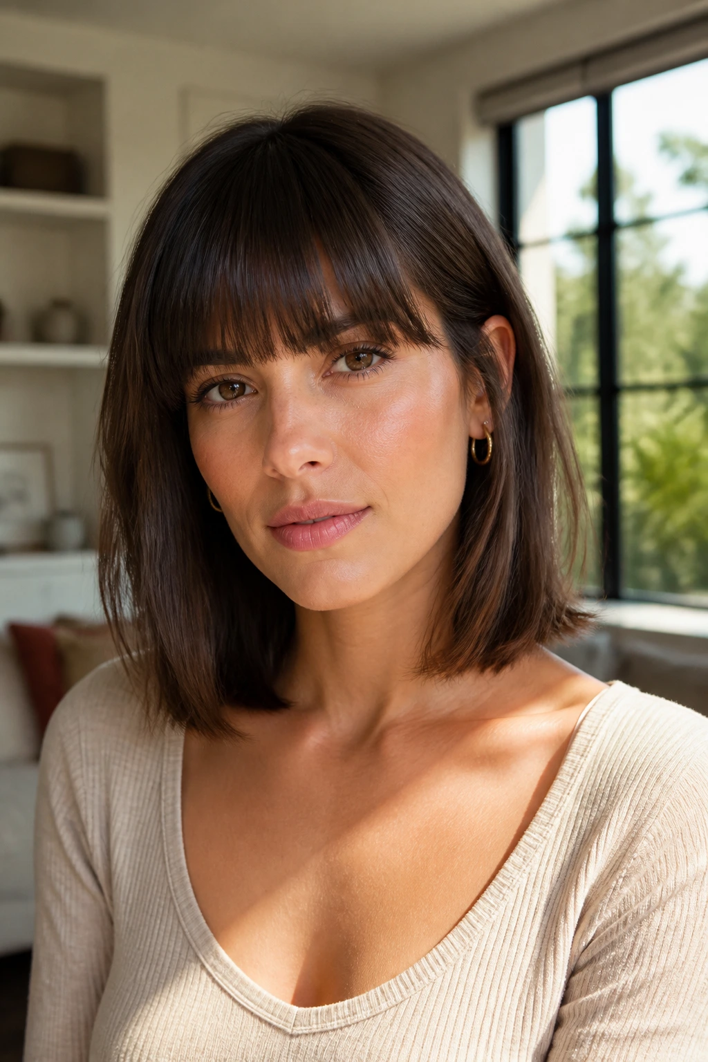 Close-up of collarbone-length Italian bob with full fringe on a real woman