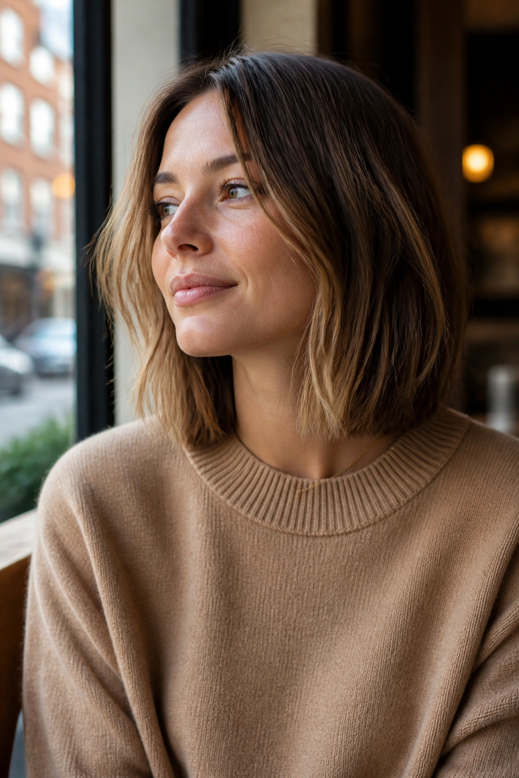 Close-up of a real woman with a collarbone-length bob brushing the shoulders in daylight