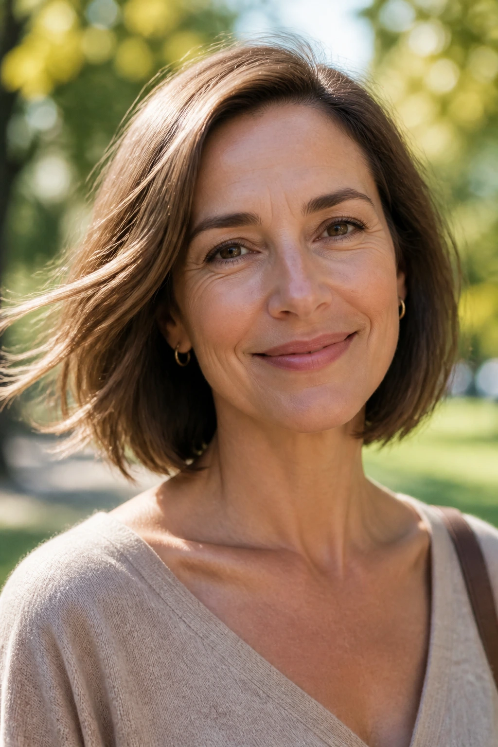 Portrait of a real woman wearing a collarbone-length bob in a park with morning sun