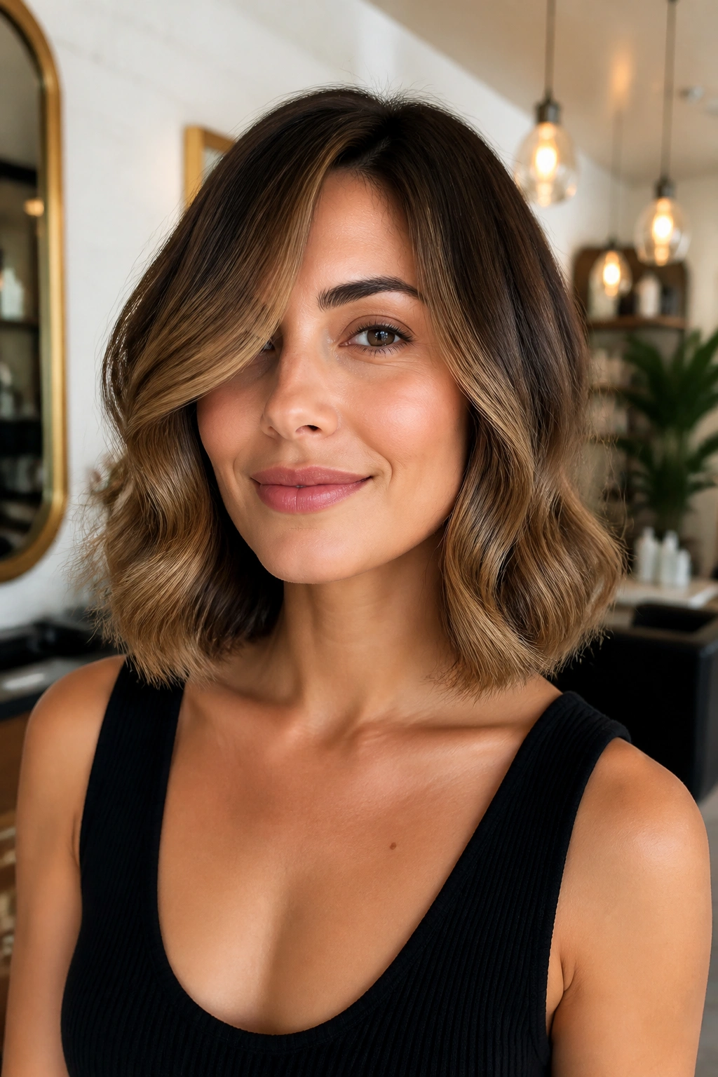 Medium close-up of a real woman with a collarbone-length bob and soft Hollywood waves