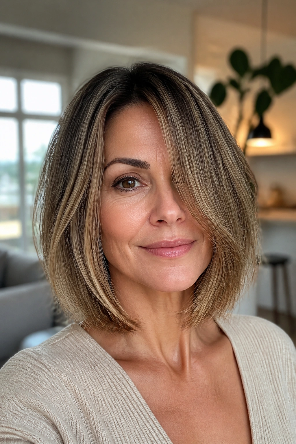Portrait of a person with collarbone-length bob showing internal layers in natural light.
