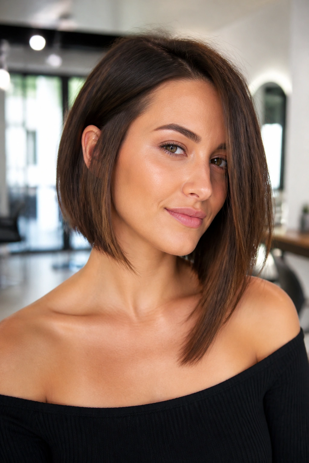 Close-up of real woman wearing collarbone bob with longer front pieces