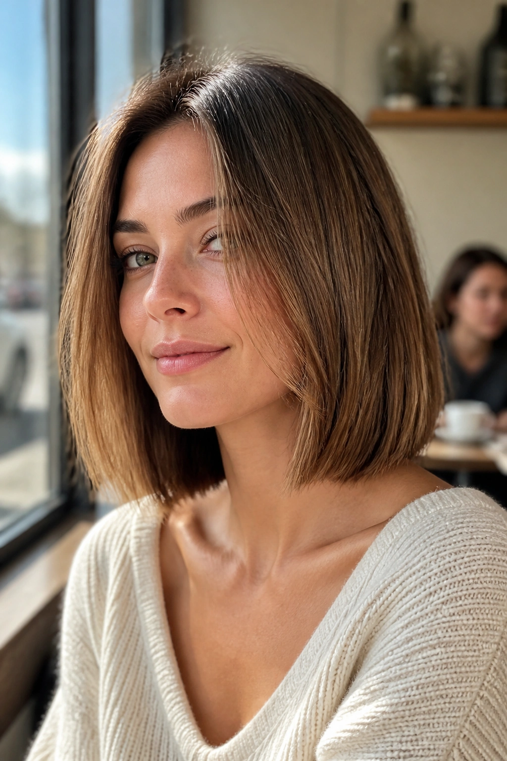 Close-up of a real woman with a collarbone-length blunt bob at the collarbone.