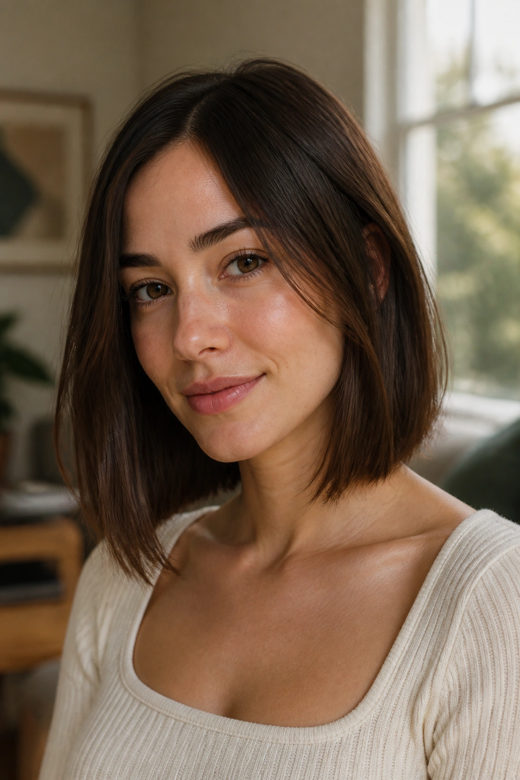 Close-up portrait of a real woman with a collarbone-length straight bob in natural light