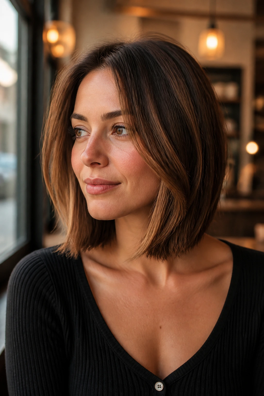 Close-up portrait of a real woman with a collarbone-length bob in cafe-window light.