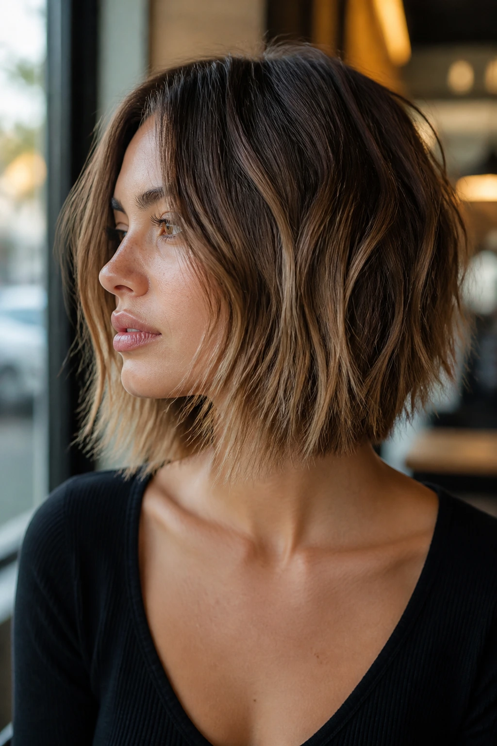 Portrait of a real woman with collarbone-length choppy bob and razored ends in soft cafe lighting
