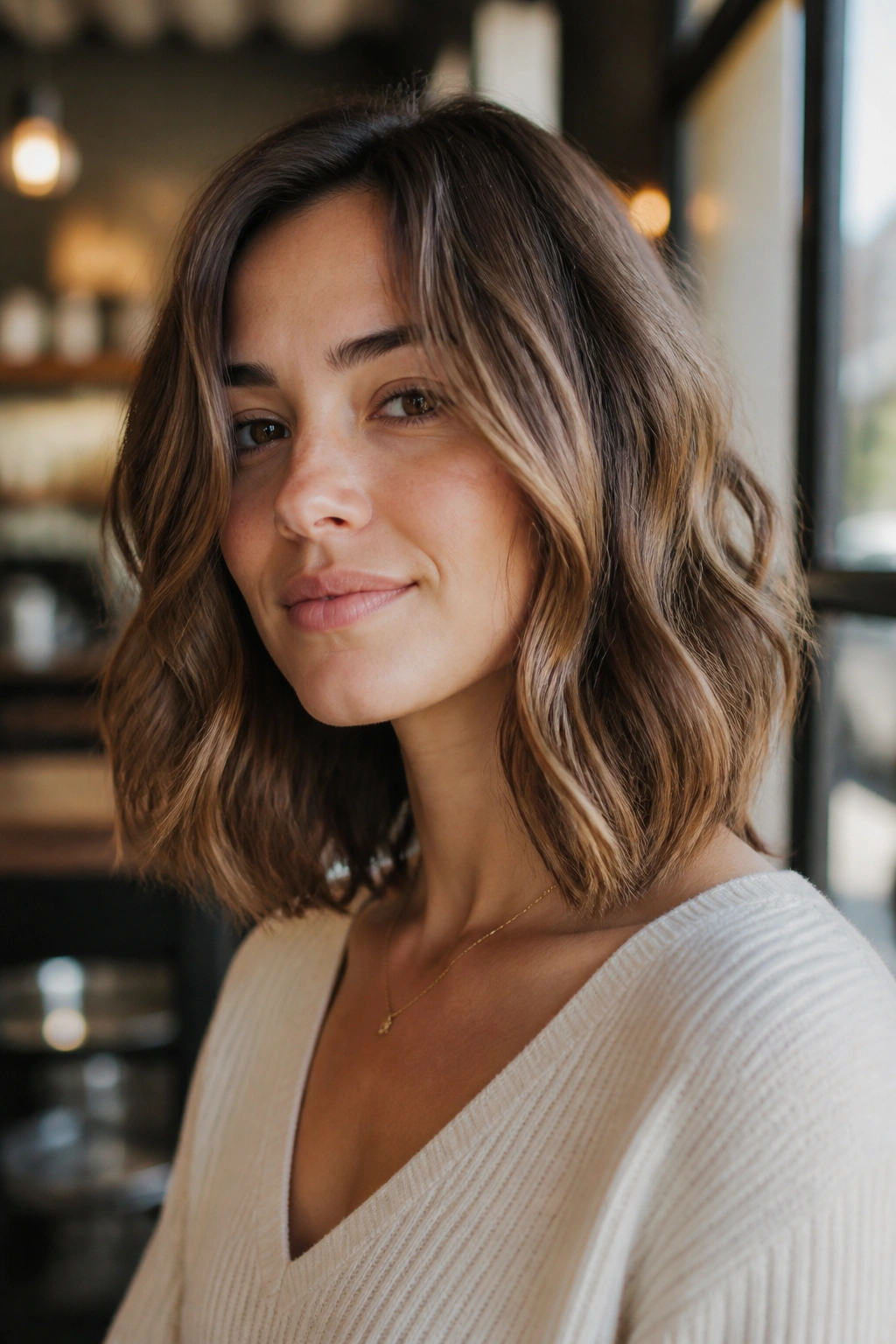 Close-up portrait of a woman with a collarbone-length bob skimming the shoulders