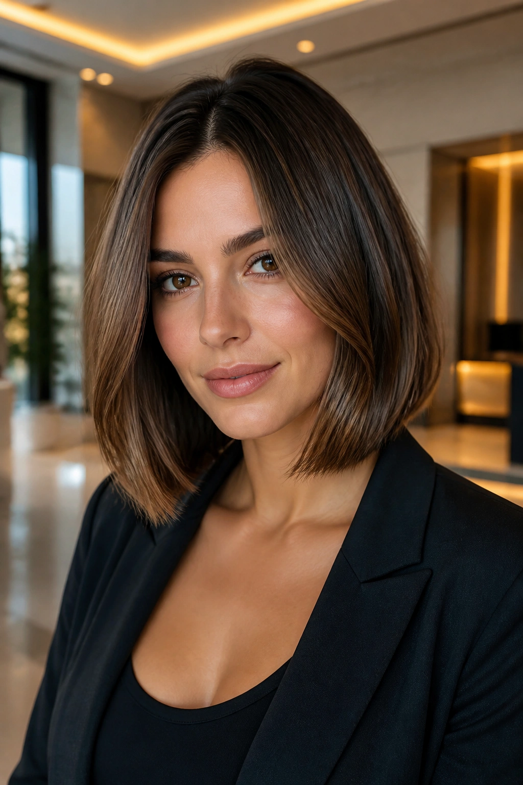 Portrait of a woman with a sleek collarbone bob and subtle bend
