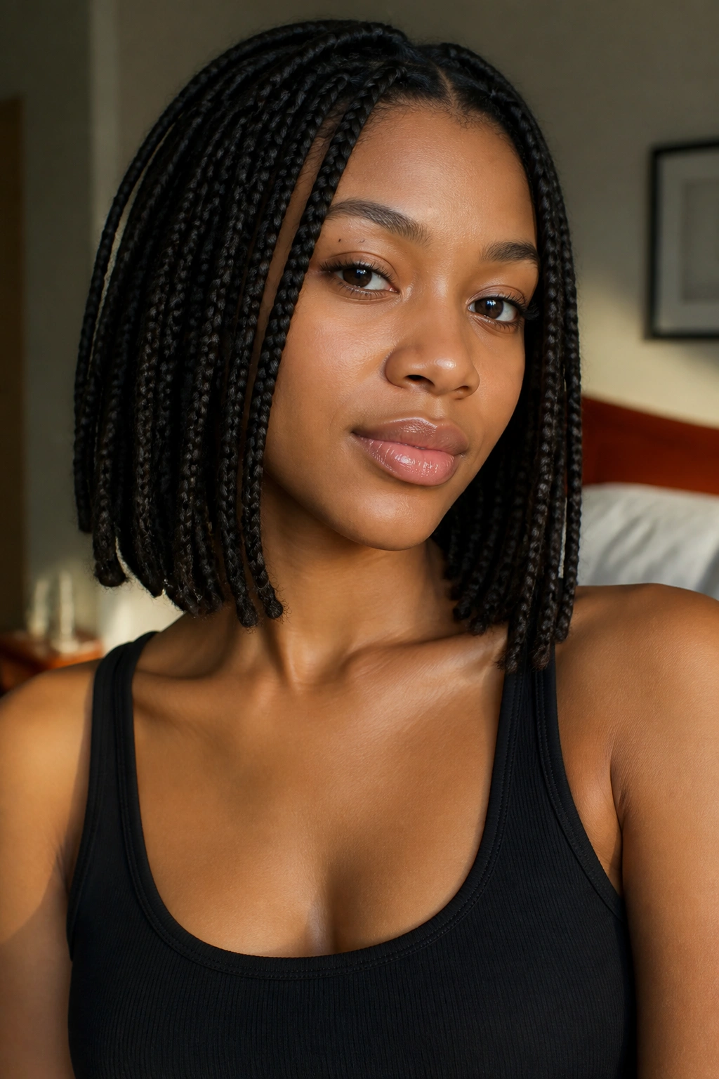 Close-up of collarbone-length bob braids on a real person in warm window light