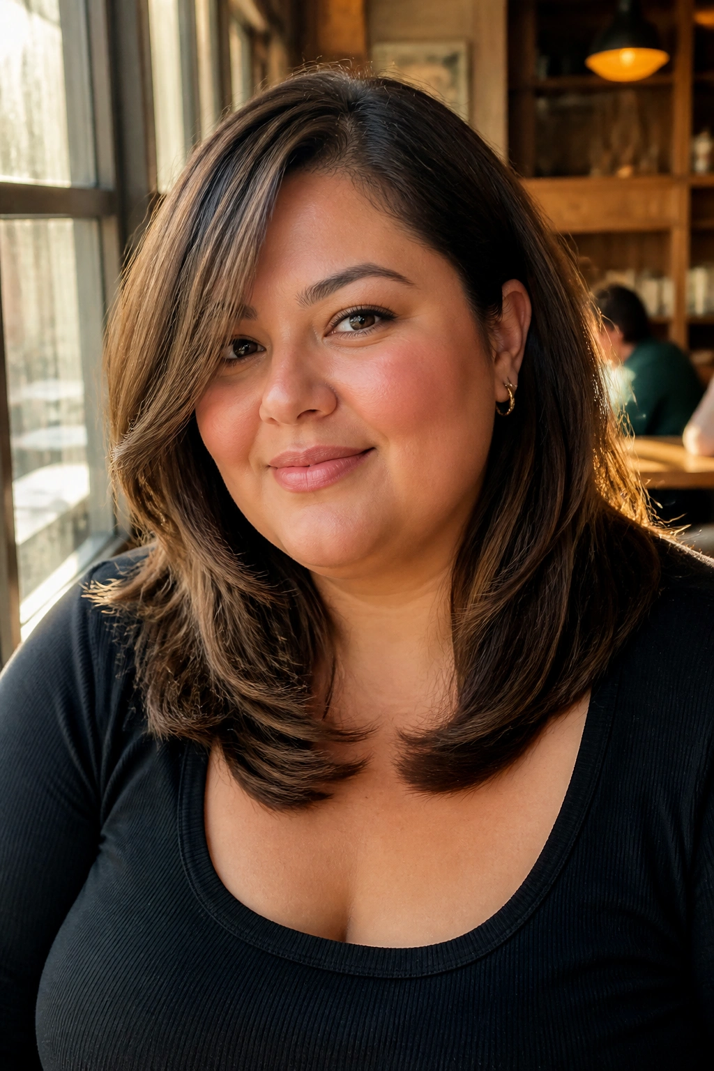 Close-up of a real woman with collarbone-length butterfly cut in natural cafe light
