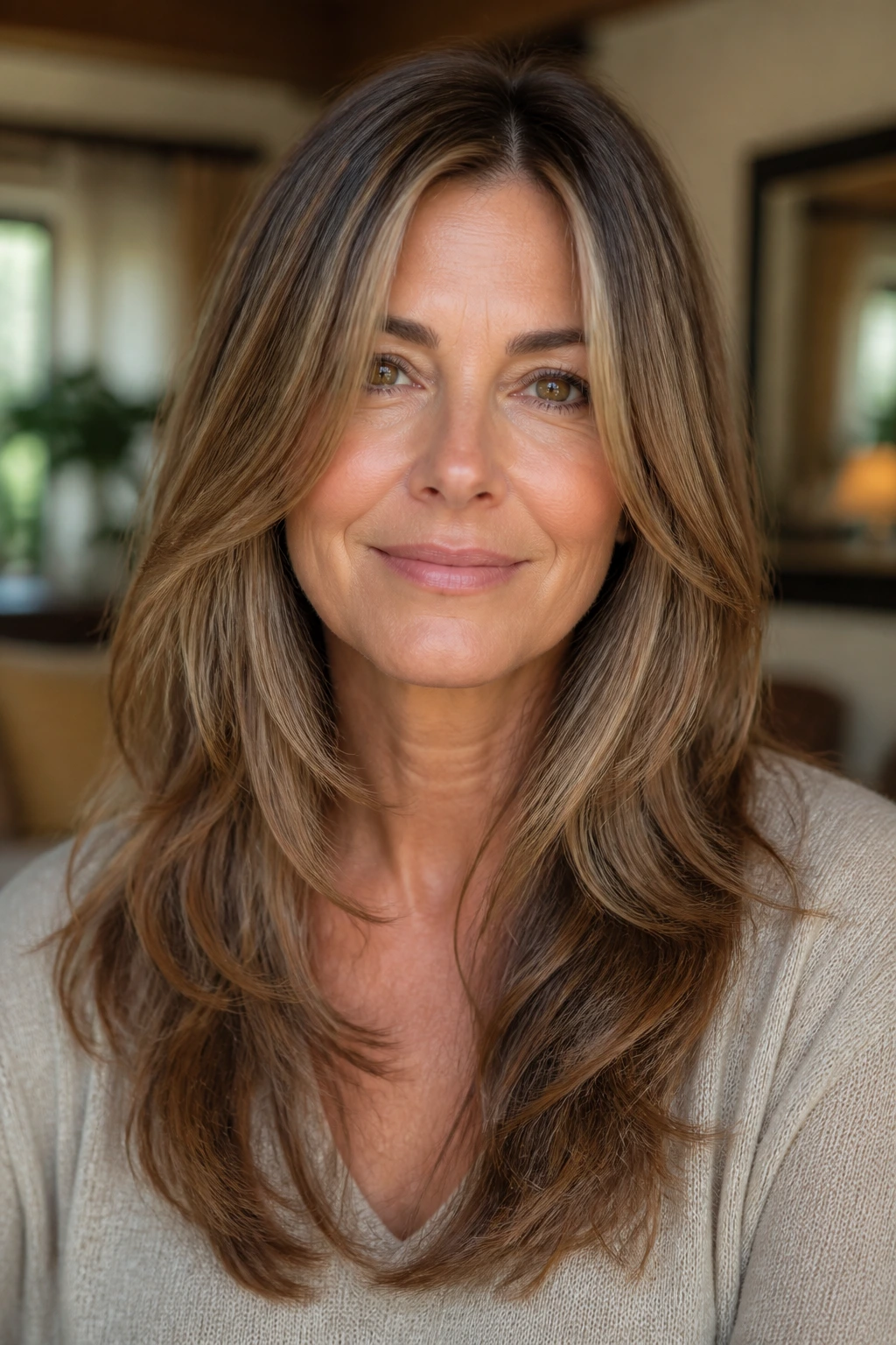 Portrait of a real woman with collarbone-to-chest cascade layers in long hair.