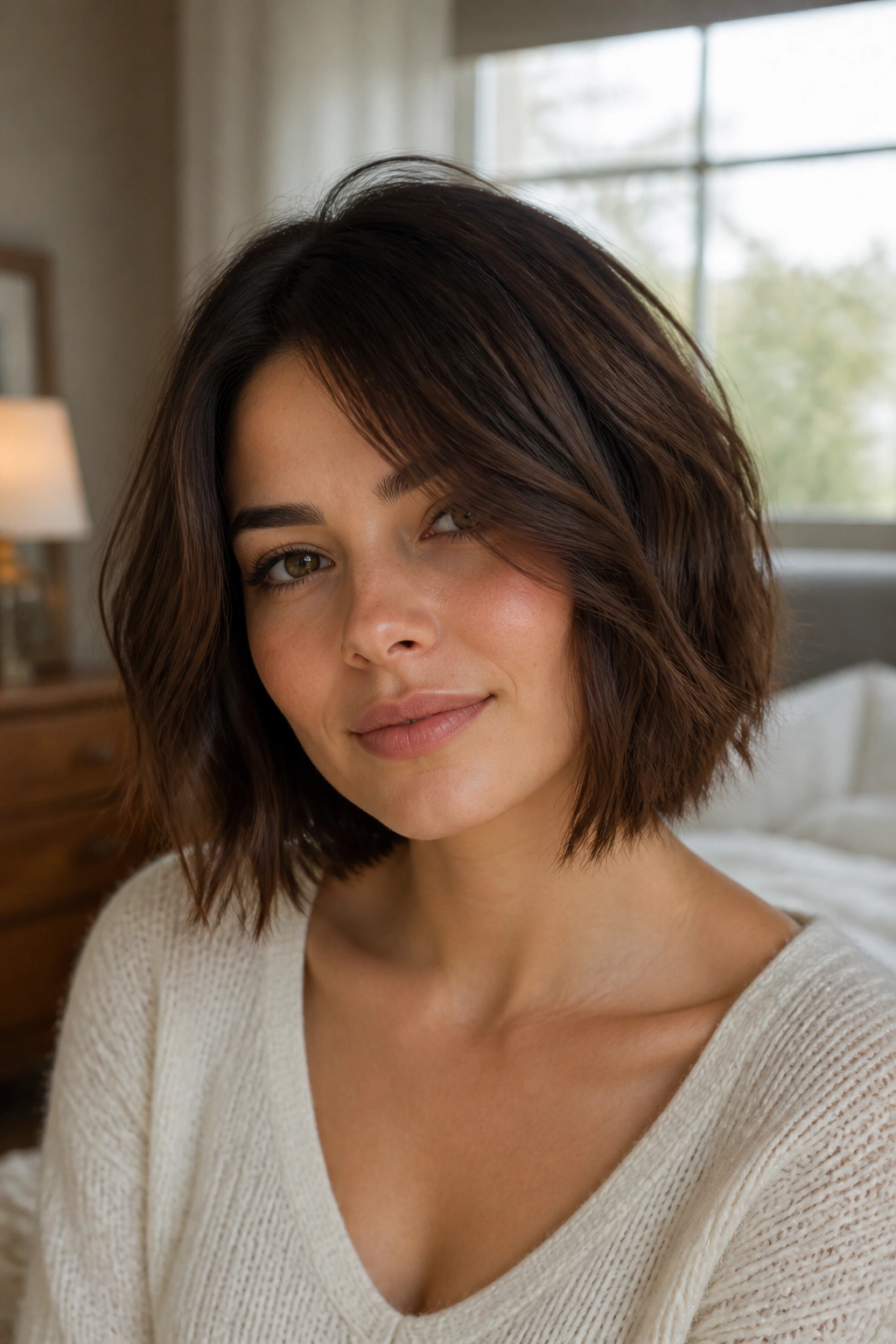 Close-up of a real woman wearing a collarbone-length choppy bob for a round face, photographed in natural window light.