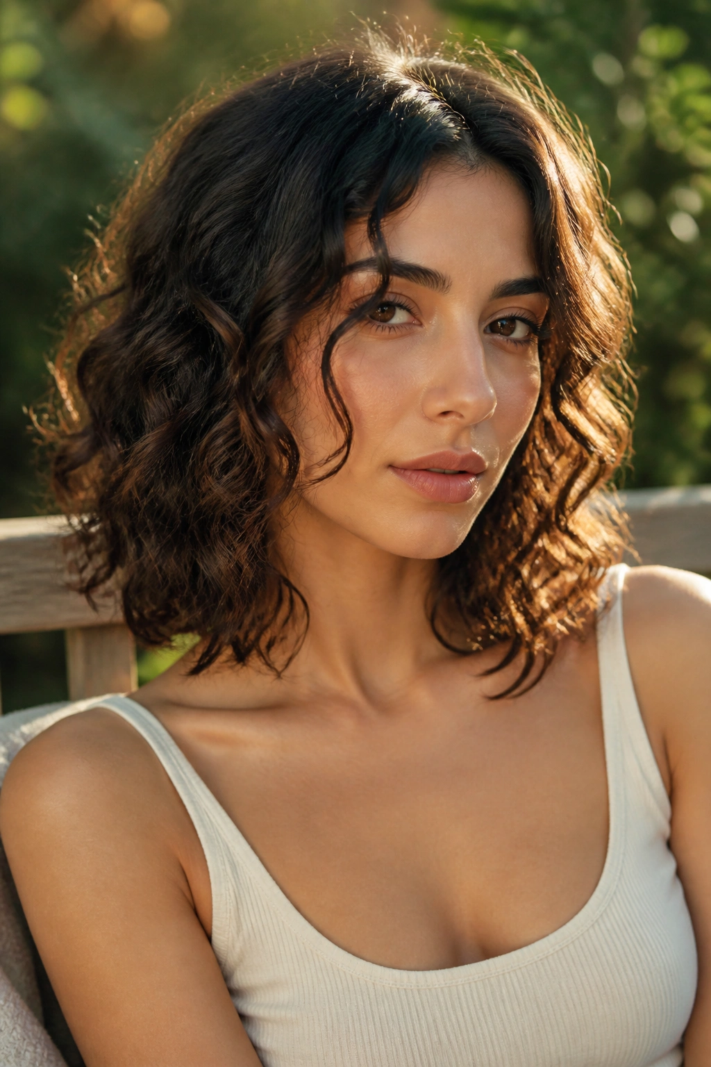 Portrait of a woman with collarbone-length curls and chin-skimming front pieces.